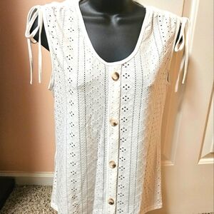 White Eyelet Button-Up Sleeveless Top